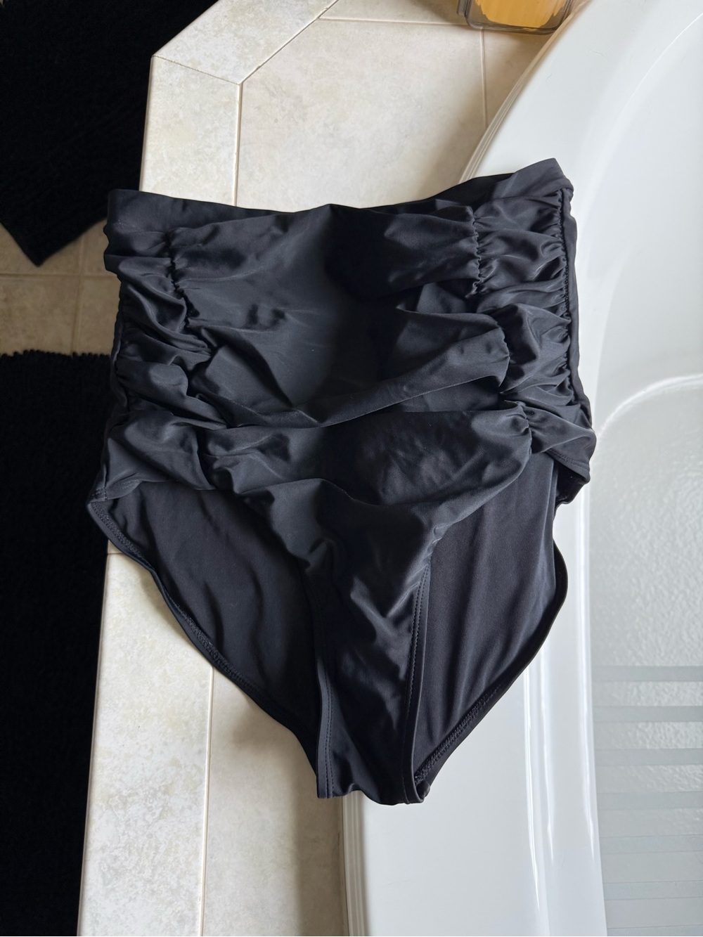 Black Ruched High-Waist Swim Bottoms